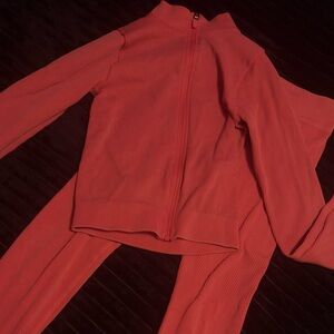 Pink Ribbed Two-Piece Zip Up Set – Size Small